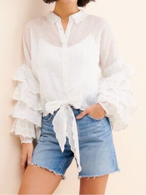 Forever that Girl Boho Grace White Ruffled Tie-Front Sheer Blouse